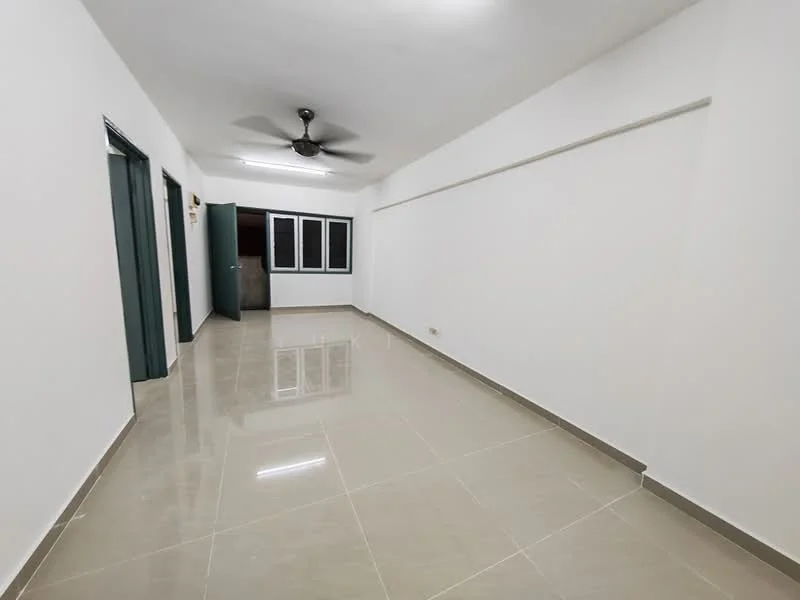 Room features: white painted walls, glossy ceramic tile flooring, 5-blade ceiling fan, floor-to-ceiling windows, sliding glass door, doorway to adjacent room, neutral color scheme, recessed lighting; style: modern.