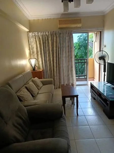 Living features: beige fabric 3-seater sofa, beige fabric 2-seater sofa, wooden coffee table, TV console, wall-mounted TV, floor-to-ceiling curtains, light-colored painted walls, tile flooring, ceiling fan, air conditioning unit, balcony access; style: modern; view: garden.