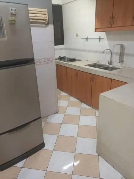 Kitchen features: stainless-steel fridge, wood cabinetry, laminate countertop, double-bowl stainless-steel sink, chrome pull-down faucet, 4-burner gas hob, white tiled backsplash, checkerboard tile flooring; style: modern.