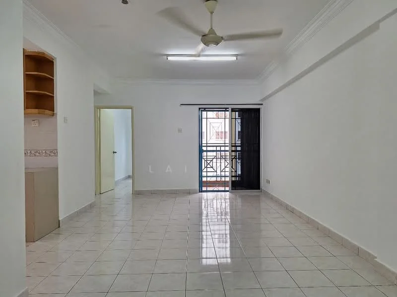 Living features: white painted walls, ceramic tile flooring, ceiling fan, sliding glass door, balcony view, recessed lighting, open layout, built-in shelving, window with natural light; style: modern; view: city. Kitchen features: white cabinetry, countertop, tile backsplash, open to living area; style: modern.