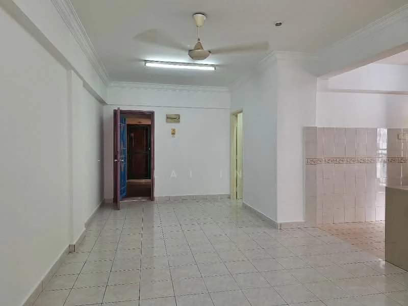 Room features: white painted walls, plain ceiling with recessed lighting, ceiling fan, tiled flooring, wooden door, door frame with decorative trim, light switch, kitchen area visible in background, neutral color scheme; style: modern.