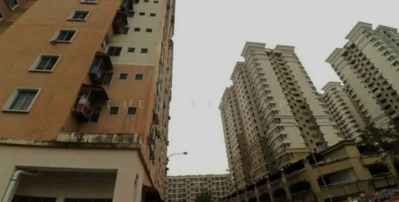 Exterior type: mid-rise condominium; features: cream painted facade, multiple storeys, balconies with railings, windows with grilles, exposed concrete, parking area visible, surrounded by other buildings; style: modern.