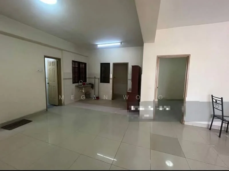 Room features: white painted walls, glossy tile flooring, ceiling lights, doorway leading to another room, window with no visible treatment, open layout, kitchen area visible in the background, furniture visible (wooden cabinet and chair); style: modern.