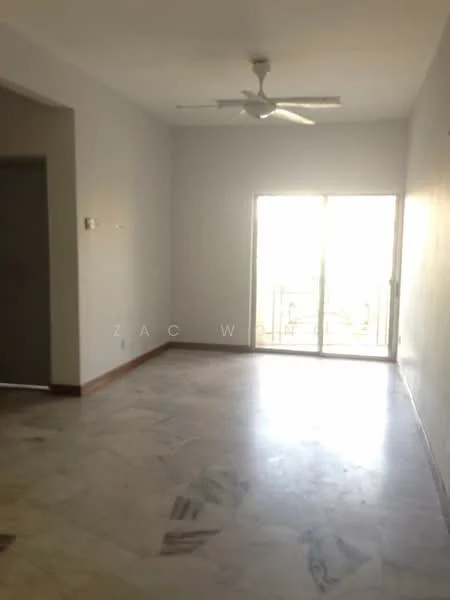 Living features: white painted walls, marble flooring, 5-blade ceiling fan, floor-to-ceiling sliding glass door, natural light from door, wooden door frame, neutral color palette, no visible furniture; style: minimalist.