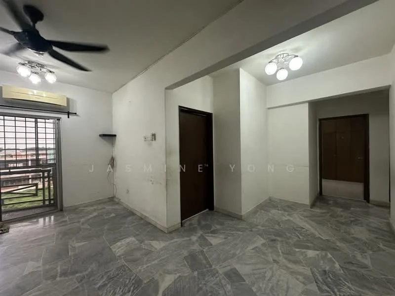 Room features: marble flooring, white painted walls, ceiling fan, recessed downlights, two-panel wooden door, sliding glass door, window with grille, corner wall with no visible decor; style: modern; view: garden.