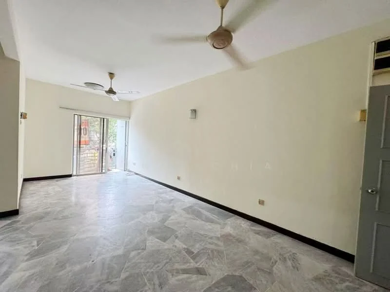 Living features: marble flooring, white painted walls, ceiling fan, sliding glass door, natural light from door, window with view to outside, light switch, wall-mounted light fixture.