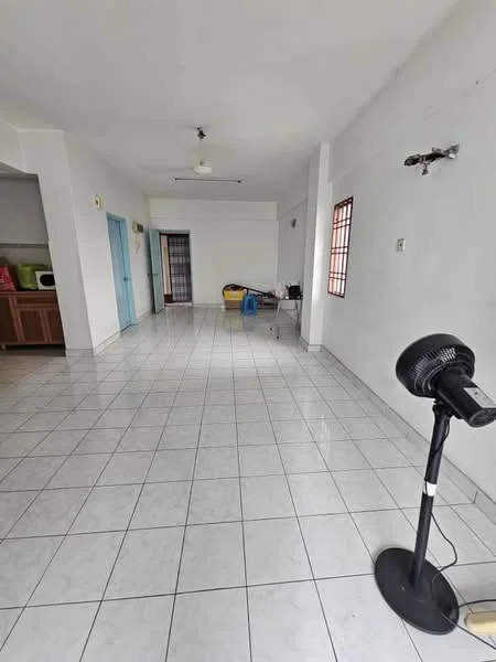 Room features: white painted walls, glossy white floor tiles, ceiling fan, single window with red frame, open layout, kitchen area visible in background, light source from ceiling, no visible furniture; style: minimalist.