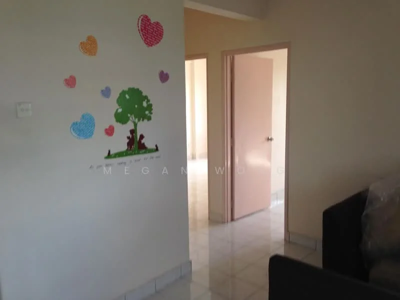 Room features: light-colored walls, decorative wall stickers, tiled flooring, doorway leading to another room, sofa, neutral color scheme; style: modern.