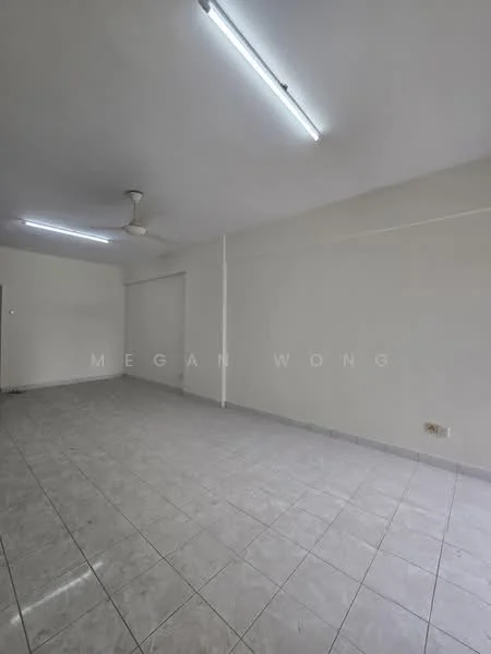 Room features: white painted walls, polished ceramic tile flooring, ceiling with fluorescent lights, 1 ceiling fan, no visible windows, neutral color scheme, open layout, no visible furniture; style: modern.
