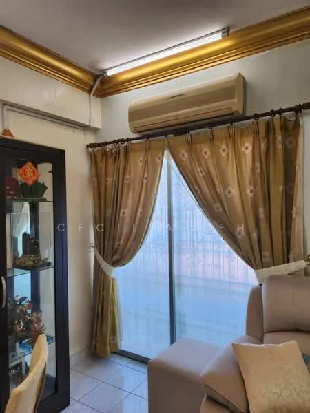Room features: gold crown moulding, cream painted walls, floor-to-ceiling sliding glass door, sheer curtains with floral pattern, wall-mounted split AC, white tiled flooring, glass display cabinet, beige sofa; style: modern; view: city.