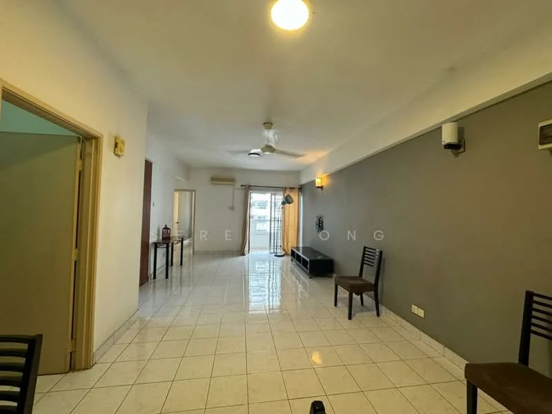 Living features: white painted walls, grey accent wall, ceramic tile flooring, 5-blade ceiling fan with light, wall-mounted lighting fixtures, large windows providing natural light, open layout, two wooden chairs, TV console, air conditioning unit; style: modern; view: city.