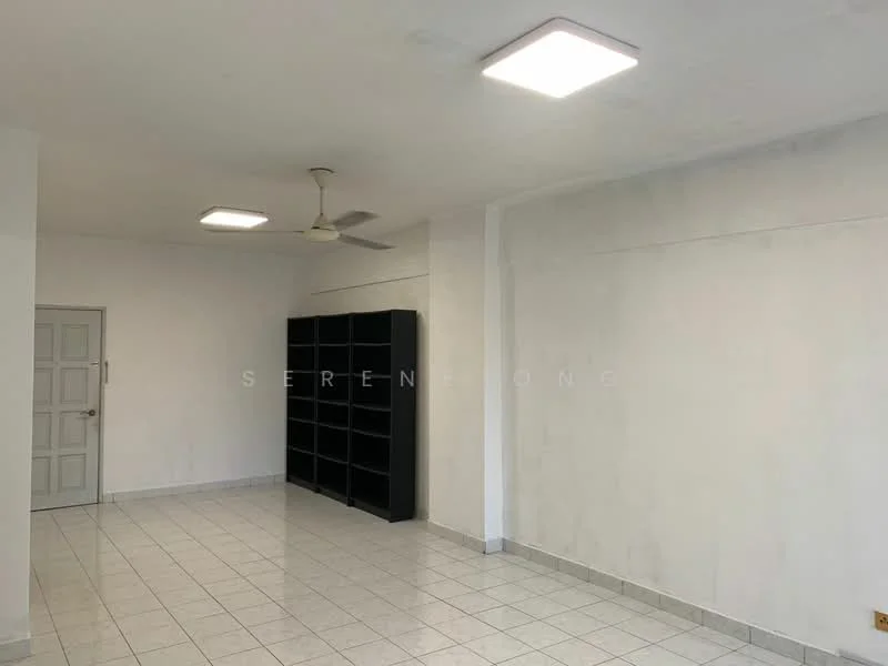 Room features: white painted walls, tile flooring, ceiling lights, ceiling fan, built-in shelving unit, door, corner space; style: minimalist.