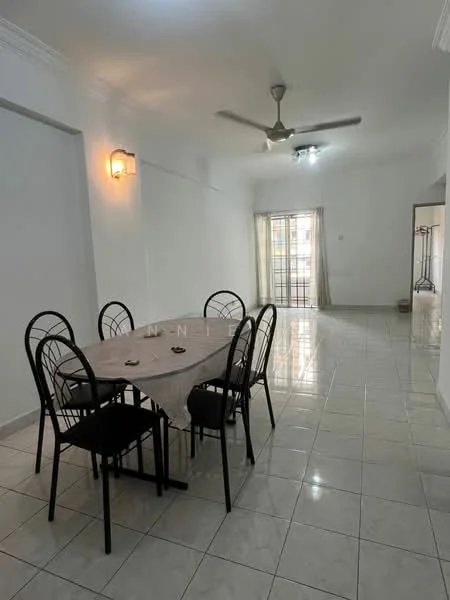 Dining features: 6-seater dining table, black metal dining chairs, white tablecloth, white walls, glossy tile flooring, ceiling fan, wall-mounted light fixture, sliding glass door, curtains, open layout; style: modern. Living features: glossy tile flooring, white walls, ceiling fan, natural light from sliding glass door, open layout; style: modern.