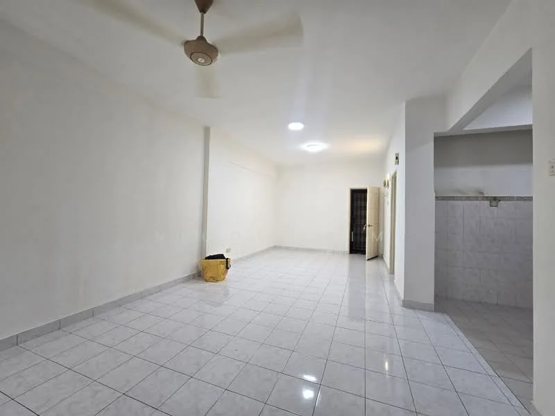 Room features: white painted walls, glossy white floor tiles, ceiling fan, recessed ceiling lights, open layout, doorway leading to another room, corner with utility area, neutral color scheme; style: modern.