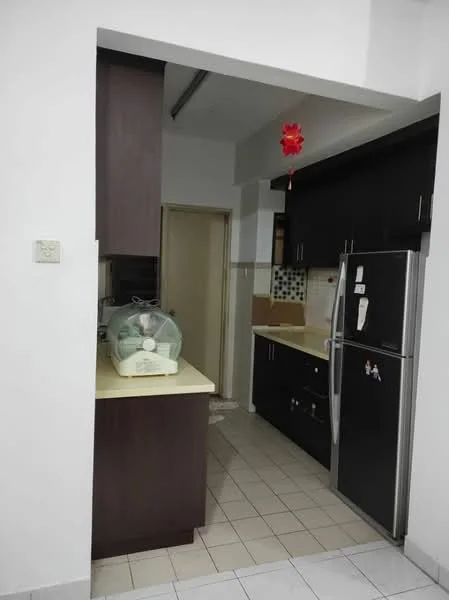 Kitchen features: dark wood cabinetry, light-colored countertop, stainless-steel fridge, built-in oven, ceramic tile flooring, white walls, decorative backsplash with green tiles, single-bowl sink, chrome faucet, wall-mounted cabinet, door leading to hallway; style: modern.