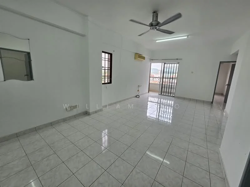 Living features: white painted walls, glossy marble tile flooring, ceiling fan, floor-to-ceiling windows, sliding glass door, natural light, air conditioning unit, mirror on wall; style: modern; view: city.