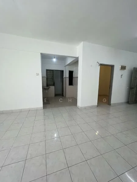 Room features: white painted walls, glossy ceramic tile flooring, recessed ceiling lights, doorway leading to another room, doorway leading to bathroom, neutral color scheme, open layout, visible plumbing fixtures, window opening, no visible furniture; style: minimalist.