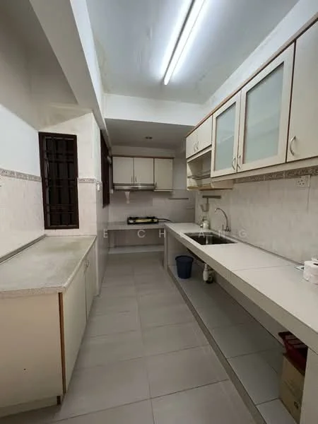 Kitchen features: white cabinetry with glass-front upper cabinets, laminate countertop, single-bowl stainless-steel sink, chrome pull-down faucet, built-in gas stove, white tiled backsplash, light grey floor tiles, fluorescent ceiling lights, window for natural light, kitchen cabinet with sliding doors; style: modern.