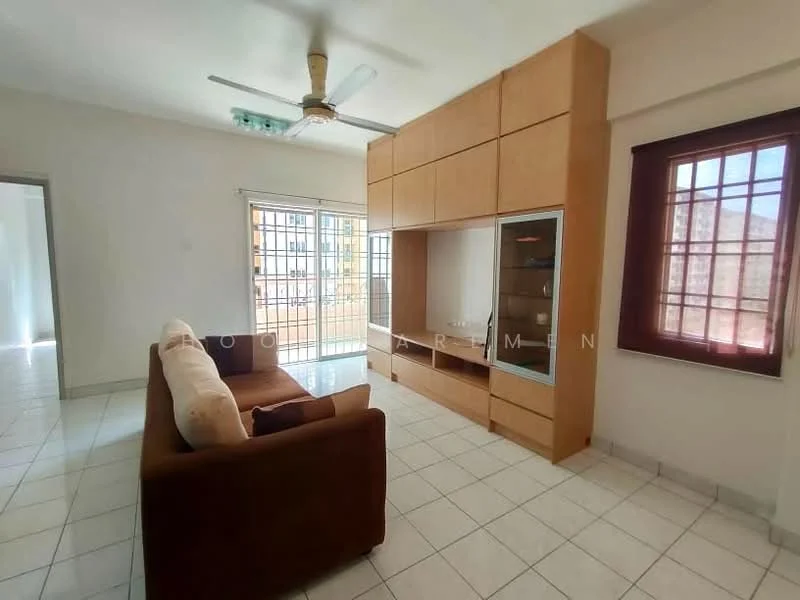 Living features: 3-seater fabric sofa in brown, coffee table, built-in wooden cabinetry, wall-mounted TV console, floor-to-ceiling windows, white painted walls, tile flooring, ceiling fan with light, natural light from windows; style: modern.
