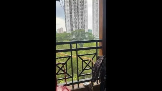 Balcony features: metal railing, wooden flooring, outdoor chairs, small table, view of surrounding greenery, view of high-rise buildings; view: city.
