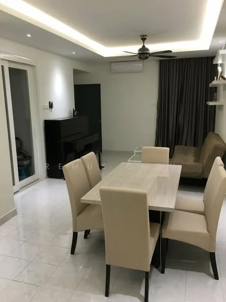 Dining features: rectangular dining table with marble top, 4 upholstered dining chairs in beige, 5-blade ceiling fan with light, wall-mounted TV console in black, sofa in beige fabric, floor-to-ceiling windows with sheer curtains, grey curtains, white painted walls, recessed LED downlights, polished ceramic tile flooring, air conditioning unit on wall; style: modern. Room features: white painted walls, polished ceramic tile flooring.