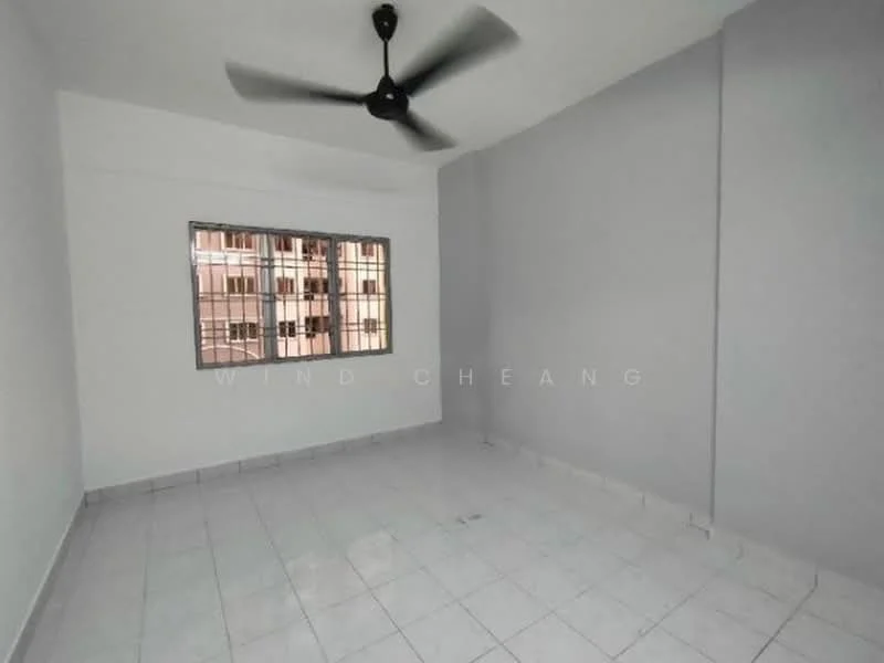 Room features: grey painted walls, white tiled flooring, ceiling fan, window with multiple panes.