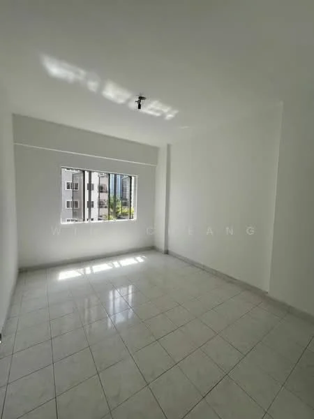 Room features: white painted walls, glossy ceramic tile flooring, single ceiling light fixture, large window with view of exterior, natural light streaming in, neutral color scheme; style: minimalist; view: city.