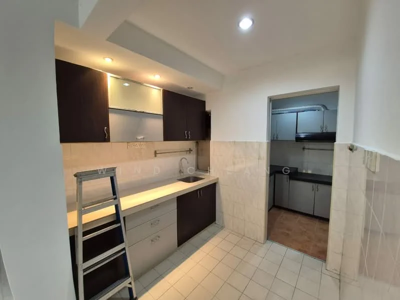 Kitchen features: laminate cabinetry in dark wood, light-colored countertop, stainless-steel sink, chrome faucet, ceramic tile backsplash, white tiled walls, white tiled flooring, recessed downlights, built-in cabinets, kitchen island, open shelving, ladder for access, doorway to adjacent room; style: modern.