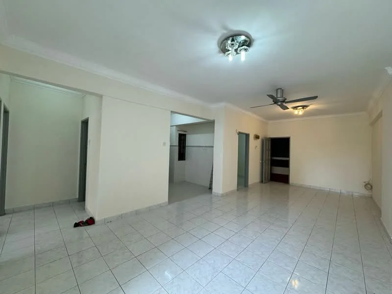 Living features: white painted walls, glossy white tile flooring, ceiling with recessed lighting, 5-blade ceiling fan, large windows for natural light, open layout, neutral color scheme, no visible furniture; style: modern. Room features: white painted walls, glossy white tile flooring, doorways leading to other rooms.