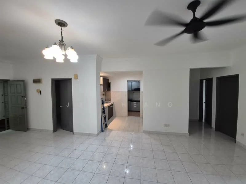 Living features: white painted walls, glossy ceramic tile flooring, 5-blade ceiling fan with light, chandelier with three bulbs, open layout, doorway to kitchen, doorway to hallway, doorway to bedrooms; style: modern. Kitchen features: white cabinetry, stainless-steel appliances, countertop with space for food preparation, open to living area; style: modern. Room features: doorway leading to other rooms.