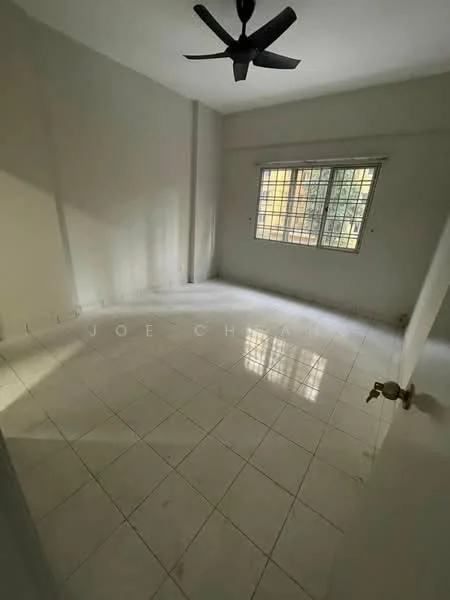 Room features: white painted walls, white tiled flooring, ceiling fan, window with grid design, natural light from window.