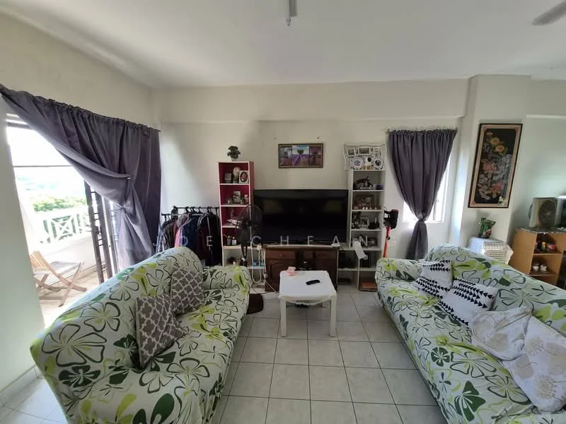 Living features: 2 fabric sofas with floral pattern, coffee table, wall-mounted TV, TV console, bookshelf with decorative items, curtains in grey, tiled flooring, decorative wall art, side table, clothes rack, floor-to-ceiling windows, natural light from windows; style: contemporary; view: garden.