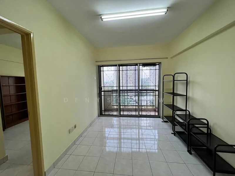 Room features: light-colored painted walls, white tiled flooring, large sliding glass door, metal shelving unit, built-in wooden shelving, fluorescent ceiling light, city view through windows; style: modern; view: city.
