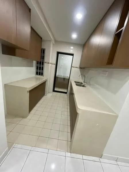 Kitchen features: light brown cabinetry, white countertop, single-bowl stainless-steel sink, chrome pull-down faucet, ceramic tile flooring, wall-mounted cabinets, back wall with white tiles, window with grid pattern, recessed LED downlights; style: modern.