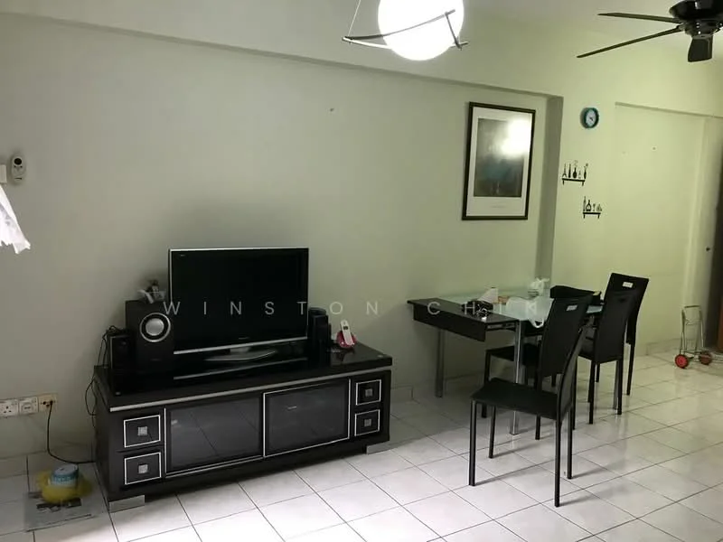 Living features: white painted walls, glossy white tile flooring, ceiling fan, wall-mounted TV, black TV console, dining table with chairs, framed artwork on wall, clock on wall; style: modern.