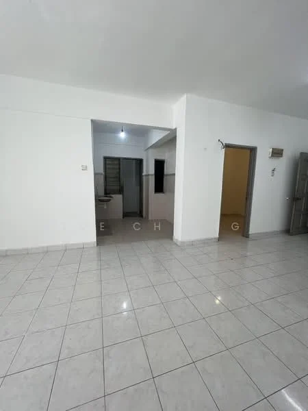 Room features: white painted walls, glossy ceramic tile flooring, recessed ceiling lights, doorway leading to bathroom, doorway leading to another room, open layout, neutral color scheme, no visible furniture; style: modern.