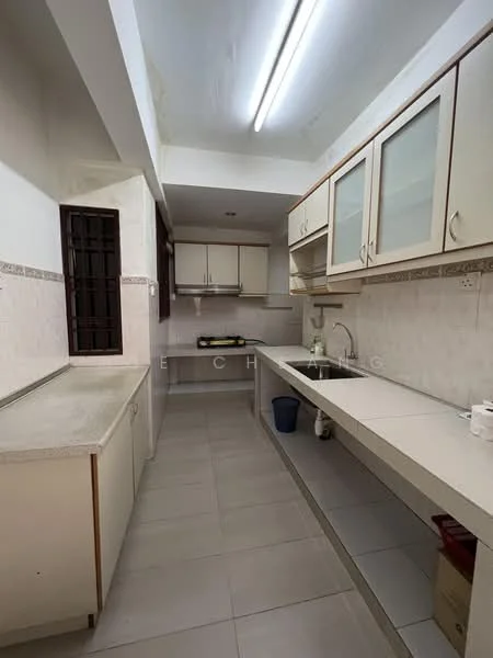 Kitchen features: white cabinetry with glass-front upper cabinets, laminate countertop, single-bowl stainless-steel sink, chrome pull-down faucet, built-in gas hob, wall-mounted range hood, ceramic tile backsplash, light-colored tiled flooring, fluorescent ceiling lights, window with security bars, open shelving, kitchen cabinet with drawers; style: modern.