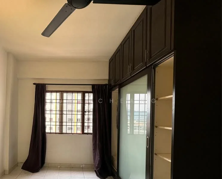 Room features: ceiling fan, built-in cabinets, sliding glass door, floor-to-ceiling windows, curtains, tile flooring, neutral wall color, shelving unit; style: modern; view: city.