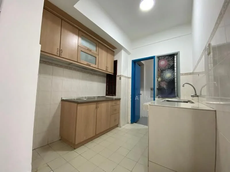 Kitchen features: wood cabinetry with upper and lower storage, grey countertop, single-bowl stainless-steel sink, chrome faucet, white tiled walls, cream tiled flooring, window with decorative curtain, light fixture on ceiling; style: modern.