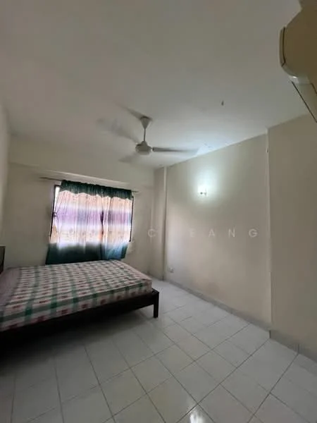 Bedroom features: white painted walls, tile flooring, ceiling fan, window with sheer curtains, double bed with checkered bedding, nightstand, light fixture on wall.