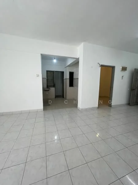 Room features: white painted walls, glossy ceramic tile flooring, recessed ceiling lights, open layout, doorway leading to another room, doorway leading to bathroom, neutral color scheme, large floor tiles; style: modern.