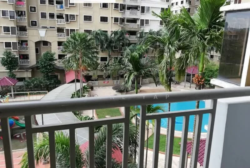 Balcony features: metal railing, floor tiles, view of swimming pool, view of landscaped garden, potted plants, overhead canopy, access from living room, surrounded by greenery; style: modern; view: pool.