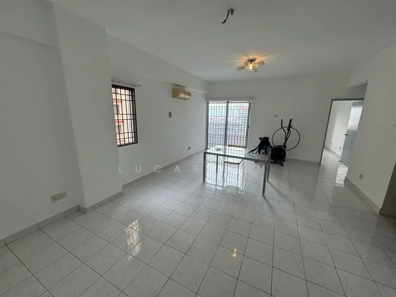 Room features: white painted walls, glossy white floor tiles, ceiling light fixture, window with security bars, sliding glass door, air conditioning unit, open space layout, vacuum cleaner, exercise bike; style: modern; view: city.