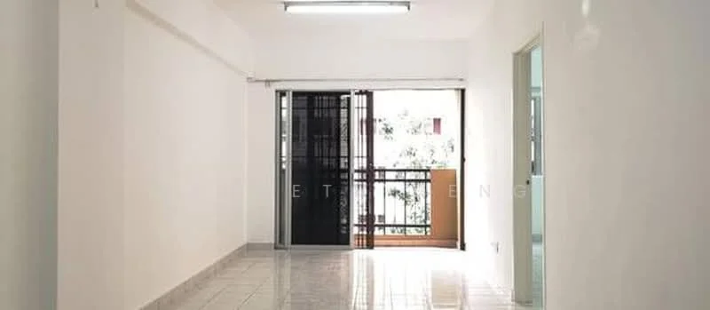Room features: white painted walls, glossy ceramic tile flooring, sliding glass door, balcony with railing, ceiling light fixture, window with view of greenery; style: modern; view: garden.