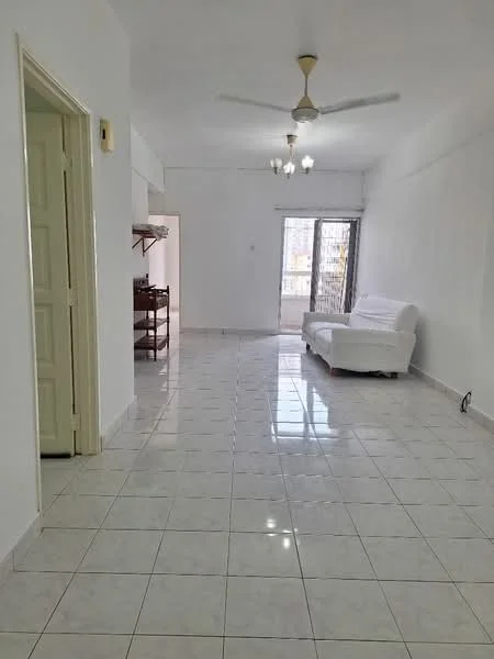 Living features: white walls, glossy white tiled flooring, 5-blade ceiling fan with light, large window with city view, sofa in white fabric, open layout, natural light, neutral decor; style: modern; view: city. Room features: white walls, glossy white tiled flooring, open layout, natural light.