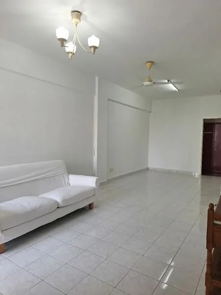 Living features: white painted walls, white tiled flooring, 5-blade ceiling fan, chandelier with multiple bulbs, sofa with white upholstery, wooden dining table, open layout, natural light from windows; style: minimalist.
