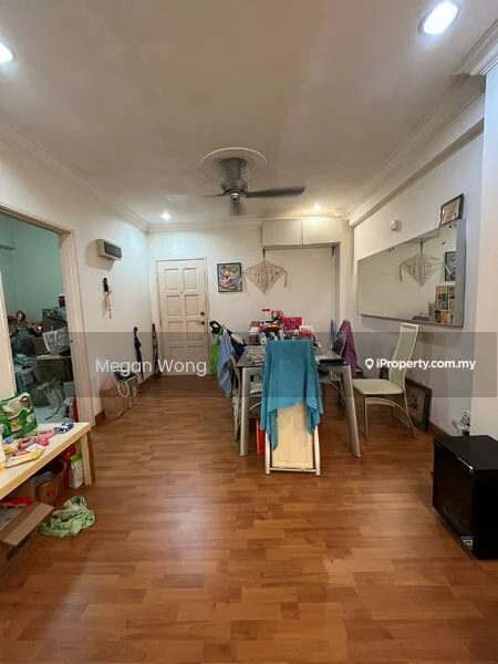 Dining features: wooden flooring, 5-blade ceiling fan, recessed downlights, dining table with chairs, mirror on wall, wall-mounted air conditioning unit, decorative wall art, open space layout. Room features: green wall, open shelving, laundry area visible, door leading to another room.