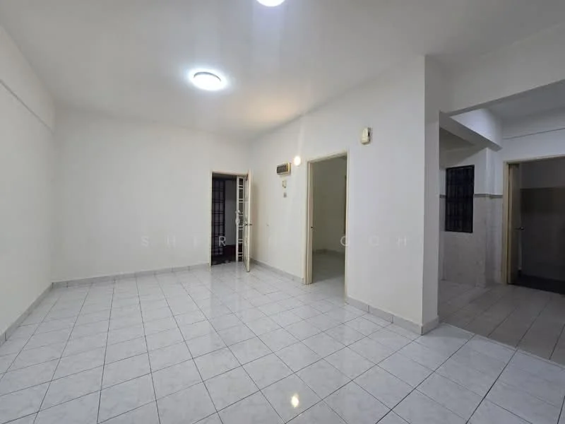 Room features: white painted walls, white ceiling, recessed ceiling lights, ceramic tile flooring, two doorways, one window, neutral color scheme, open layout; style: modern.