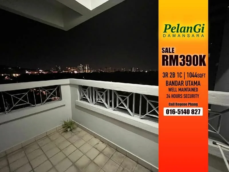 Room features: balcony, tile flooring, white painted walls, railing with geometric design, city skyline view, night lighting, outdoor space; view: city.