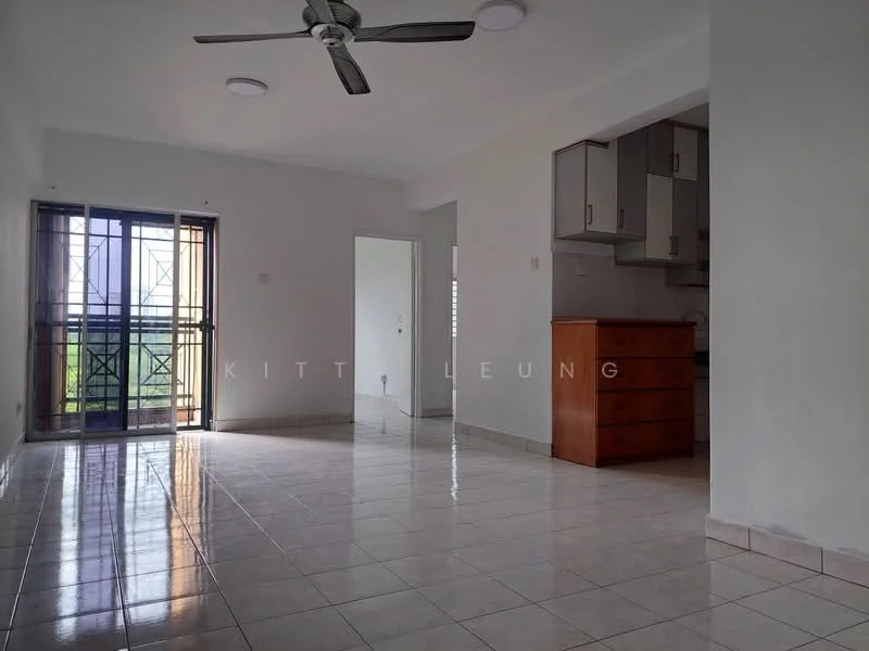 Living features: white painted walls, glossy tile flooring, 5-blade ceiling fan, floor-to-ceiling windows, wooden cabinet, open layout, natural light from windows, neutral color scheme; style: modern; view: garden. Kitchen features: grey cabinetry, countertop, stainless-steel sink, built-in stove, open layout to living area; style: modern.